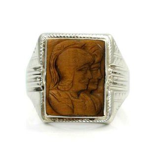 Vintage 10K White Gold Carved Cameo Tiger Eye Ring